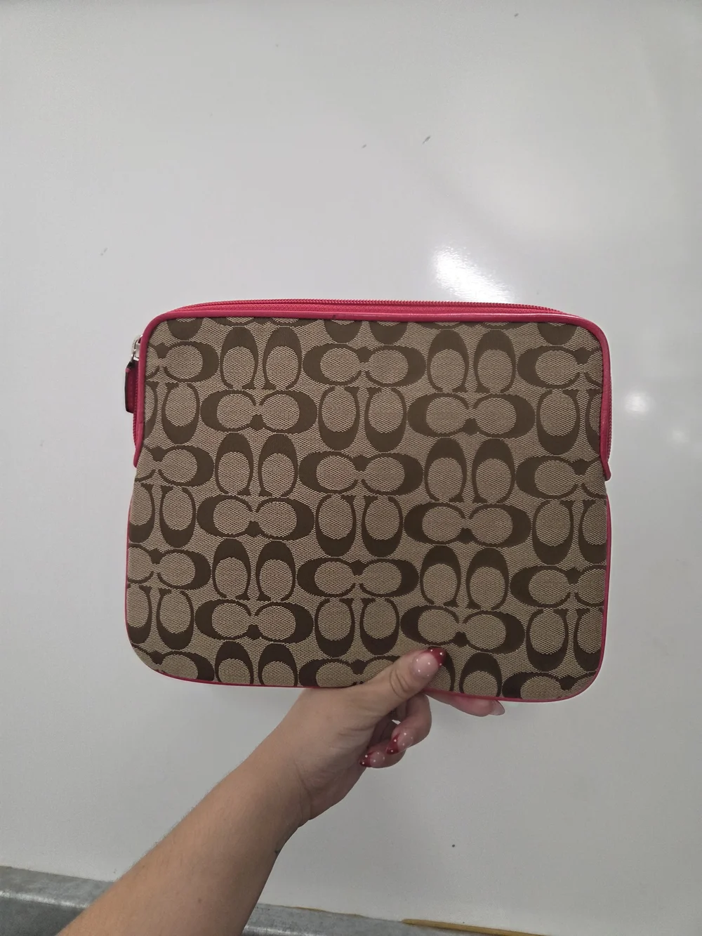 Coach Brown Signature Canvas Laptop/Tablet Sleeve with Pink Trim